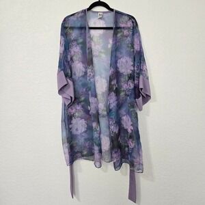 Floral Kimono Duster‎ Lavender Purple Sheer Lightweight Cover Up One Size